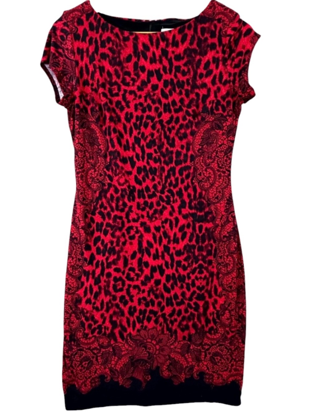 Vintage Y2K Caché Red & Black Leopard Print Short Sleeve Sheath Dress Size: S